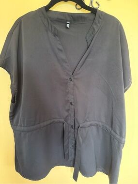 Women’s Black V-Neck Button-Front Blouse with Waist Tie